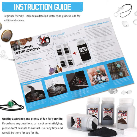Instruction guide for Rock Tumbler Grit Set Complete 5 Step Polishing Kit with grits and upgrade beads displayed.