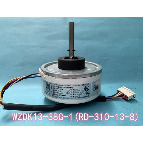 13W Brushless DC AC Fan Motor For WZDK13-38G-1 RD-310-13-8 Midea AC Units with wiring and label, set on a blue background