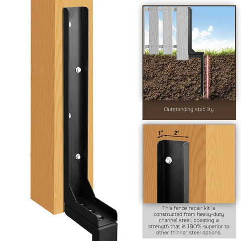 Adjustable Fence Post Repair Kit For Tilted Or Broken Wood Posts, Heavy Duty Steel Ground Spike Anchor, Powder Coated Black