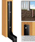 Rock Solid 4 Pack Fence Post Repair Kit With Rustproof Ground Spike Anchors close-up of black steel anchor system on wooden post.