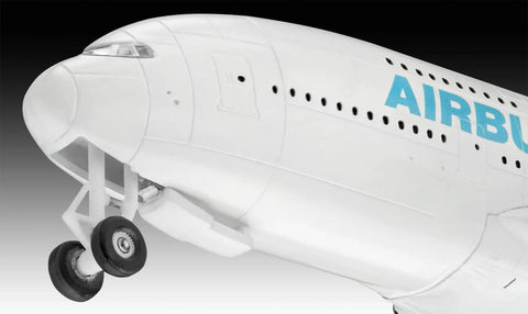 Close-up of Beginner Friendly 1 to 288 Scale Airbus A380 Plastic Model Kit With Textured Surfaces and Engravings 47 Parts White showing front landing gear and nose detail.