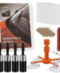 Upgraded Windshield Repair Kit for Chips and Cracks, Quick Fix DIY Star Shaped Crack Repair, Easy Windshield Chip Repair for Cars, Trucks, and Shop Use, showing repair tools and accessories.