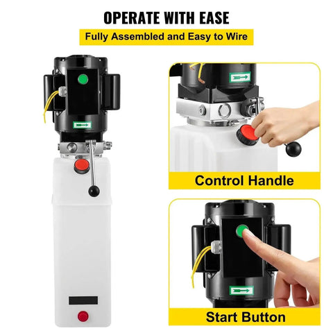6L Hydraulic Power Unit Pack 220V Single Phase 2750 PSI Auto Lifting Pump with control handles and start button for ease of use.