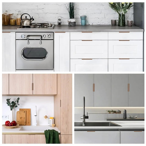 Curved Aluminum Finger Edge Drawer Pulls 120mm Brown 16 Pack Modern Style Cabinet Handles Invisible Wardrobe in kitchen setup
