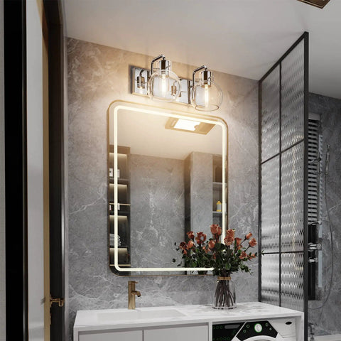 Gold 4 Light Vanity Light Fixture With Globe Clear Glass Shades For Over Mirror Bathroom, mounted above modern mirror