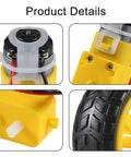 Dual TT Motors With 1 to 48 Gearbox For 200 RPM 3V to 6V DC Hobby Gear Motors, Includes Wheel Kit And L298N Motor Driver Board For Arduino DIY Smart Car Robot Builds; yellow TT gear motor close-up with wheel and gearbox