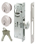Beefy Hook Deadbolt Mortise Gate Lock for Sliding Gates and Storefront Doors with keys and cylinders, aluminum silver finish.