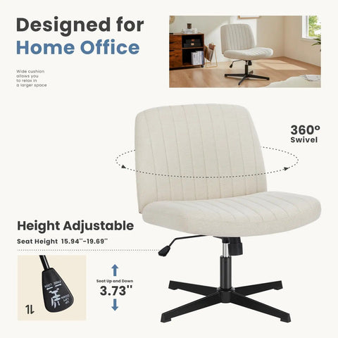 Armless Swivel Desk Chair No Wheels With Wide Seat For Home Office And Vanity Comfy Criss Cross Design For Cross Legged Sitting Adjustable Height Sturdy Beige For Computer Tasks with adjustable height feature and 360° swivel mechanism in a home office setting.