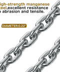 High-strength manganese steel chain, 0.22" diameter, designed for heavy-duty lifting and material handling tasks.