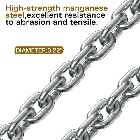 High-strength manganese steel chain, 0.22" diameter, designed for heavy-duty lifting and material handling tasks.