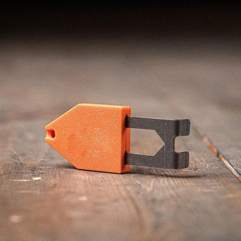 Side view of Rope Anchor Hook For Chalk Line Use One Handed Rope Fixation Tool Portable Marking Hook with orange plastic body