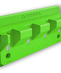 Green magnetic four-slot pry bar holder with mounting holes, non-marring TPEE, low profile design for ferrous surfaces.