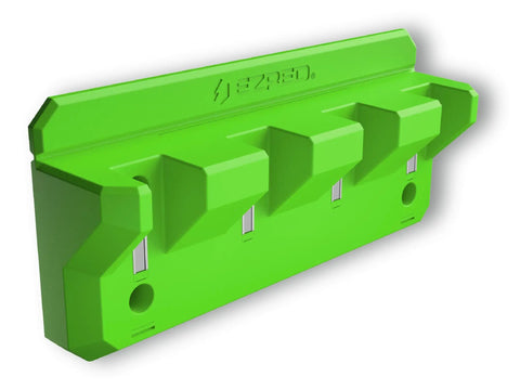 Green magnetic four-slot pry bar holder with mounting holes, non-marring TPEE, low profile design for ferrous surfaces.