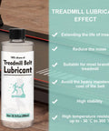 Treadmill Belt Lubricant 300ml 100 Percent Silicone Oil bottle with benefits listed beside a treadmill belt.