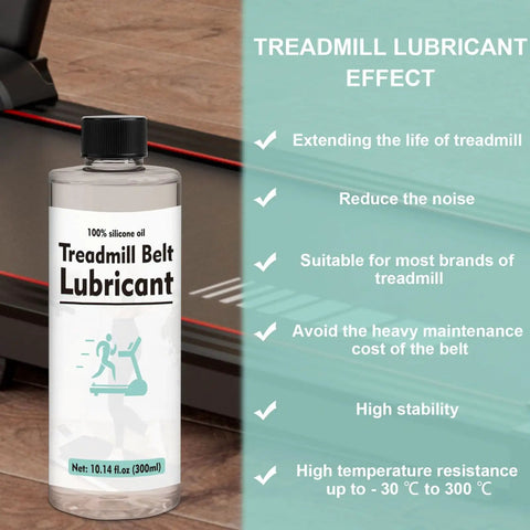 Treadmill Belt Lubricant 300ml 100 Percent Silicone Oil bottle with benefits listed beside a treadmill belt.