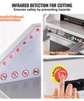 VEVOR Heavy Duty Electric Hydraulic Paper Cutter 18 Inch Cutting Width With Four Inch Thick Capacity Industrial Paper Trimmer Machine safety features including infrared detection and emergency stop switch.