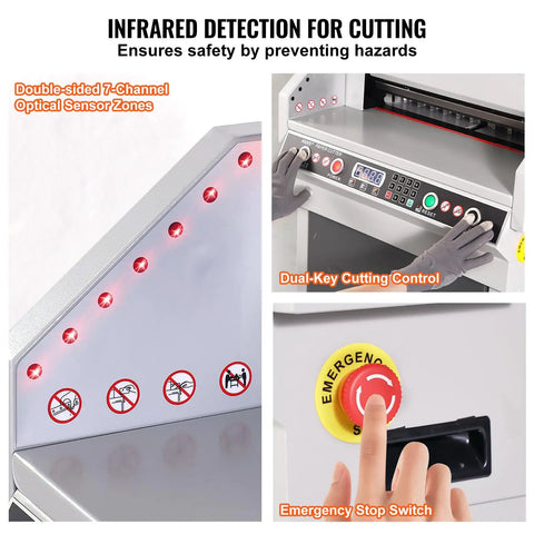 VEVOR Heavy Duty Electric Hydraulic Paper Cutter 18 Inch Cutting Width With Four Inch Thick Capacity Industrial Paper Trimmer Machine safety features including infrared detection and emergency stop switch.