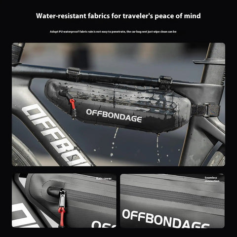 Slim Under Top Tube Bike Frame Bag For Road Riding And Bikepacking, 2L Waterproof Storage in black with water-resistant fabric.
