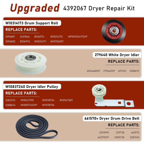 Beefed Up Five Wheel Dryer Repair Kit 4392067 with WPW10314173 parts and components displayed