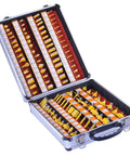 Boss Level Woodshop Tool Set 35 Piece 1 4 Inch Shank Router Bits For Clean Cutting Trimming Tasks Featuring Anti Kickback Nonstick Steel Blades Available Now in a detailed aluminum case.