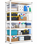 Heavy Duty 5 Tier Garage Shelves Built Tough Steel Rack With Thick MDF Panels Adjustable Commercial Shelving Unit Handles The Heavy Lifting Up To 1929 Pounds White Finish filled with cleaning supplies and bins.