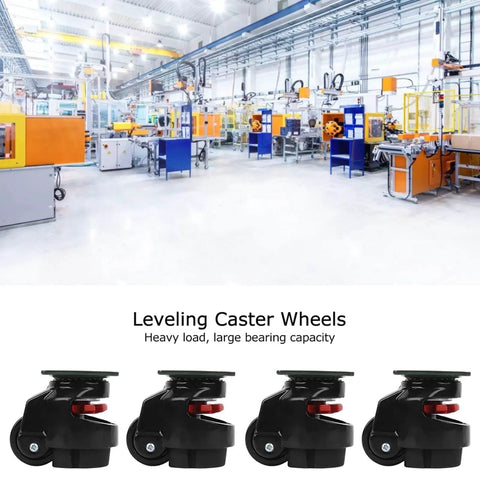 Heavy Duty 4 Piece Leveling Casters With Ratchet Handle For Industrial Machinery And Work Tables, showcasing stability in an industrial setting.