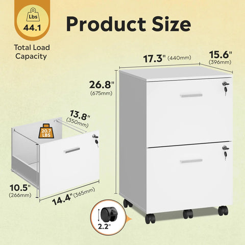 Product size dimensions for Kick Your Desk Setup Up A Notch With This Slick White Two Drawer File Cabinet Featuring Top Tier Locks And Smooth Casters That Double As A Mobile Printer Stand For A Straight Fire Home Office Vibe No Matter What.