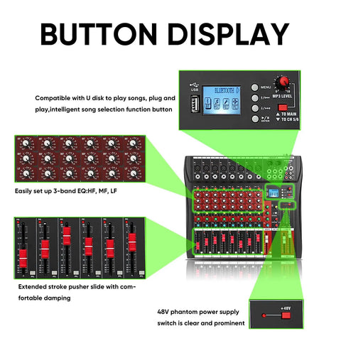 Diagram of 8 Channel DJ Audio Mixer With Bluetooth 5.0, USB Recording, MP3/USB Playback, Built-In Reverb, 48V Phantom Power, LED Display