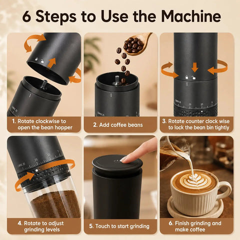 Step-by-step guide showing Chill Cordless Coffee Grinder With 38 Adjustable Settings for preparing fresh coffee drinks.