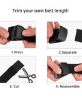 Guide to adjust 6 Pack Nylon Belts for Men and Women with Plastic Buckles, showing pressing, separating, cutting, and reassembling steps.