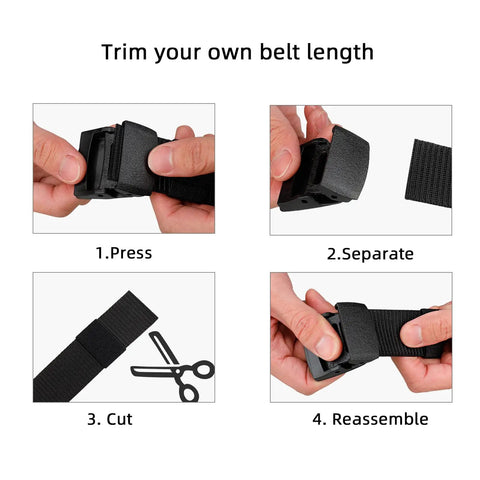 Guide to adjust 6 Pack Nylon Belts for Men and Women with Plastic Buckles, showing pressing, separating, cutting, and reassembling steps.