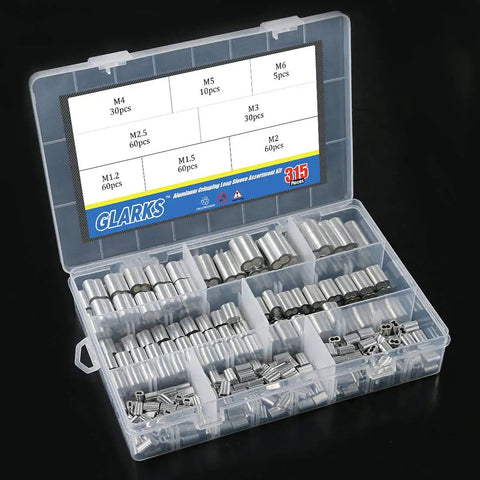 315 Piece Aluminum Crimping Loop Sleeve Ferrule Kit for Wire Rope and Cable Ends with 8 Sizes from M1.2 to M6 in a Box
