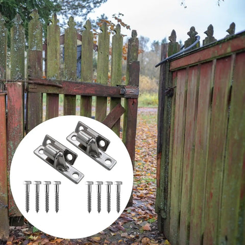Dead Simple Heavy Duty Farm Gate Hinges 2 Pack Rust Proof 304 Stainless Steel Barn Door Hardware with screws on wooden gate.
