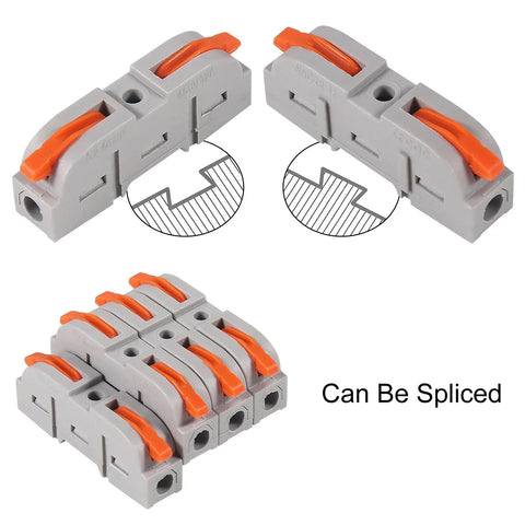 Rock Solid Sixty Piece Quick Connect Lever Wire Connector Kit Tool Free Insulated Butt Splice And Inline Terminals AWG 28 To 12 showing stackable splicing connectors.