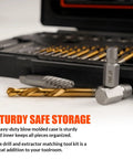 35-Piece Left Hand Drill Bits And Screw Extractor Kit with HSS Steel Reverse Drill Bits in sturdy case, showing drill and extractor.
