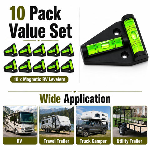 Pro Magnetic RV T Level Bubble Levels 10 Pack Boss Grade magnetic levelers displayed with green bubble for RVs and trailers.
