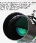 Close-up of EvoGuide 50DX 50mm APO Doublet Refractor Guide Scope lens with green coating and helical focuser.
