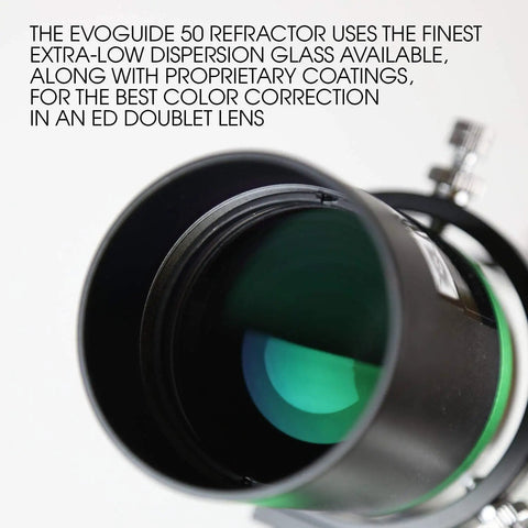 Close-up of EvoGuide 50DX 50mm APO Doublet Refractor Guide Scope lens with green coating and helical focuser.