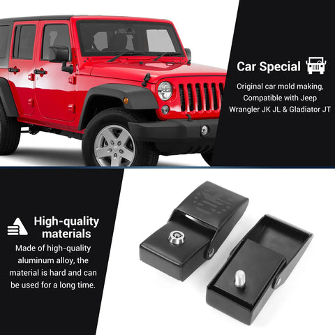 Aluminum Hood Latch Locking Kit For Jeep Wrangler JK JL Gladiator JT 2007 Through 2023, shown with Jeep and product details.