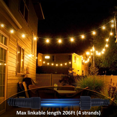 Warm glow of 48Ft LED Outdoor String Lights With Dimmer, 15 Edison Bulbs Waterproof Patio String Lights illuminating a backyard.