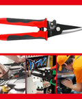 Non Slip Snip Shears For Sheet Metal 9 Inch Manganese Steel Cutter With Labor Saving Lever displayed above various uses