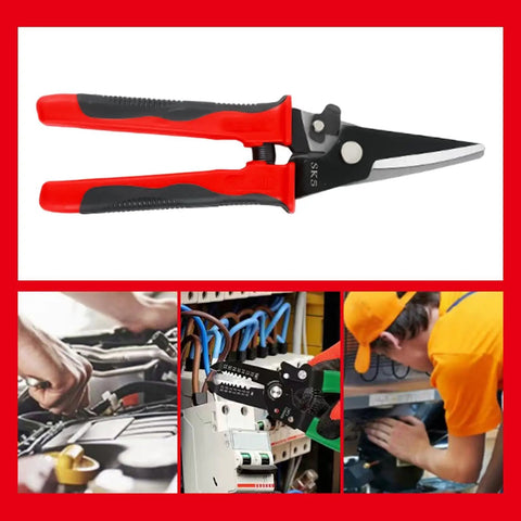 Non Slip Snip Shears For Sheet Metal 9 Inch Manganese Steel Cutter With Labor Saving Lever displayed above various uses