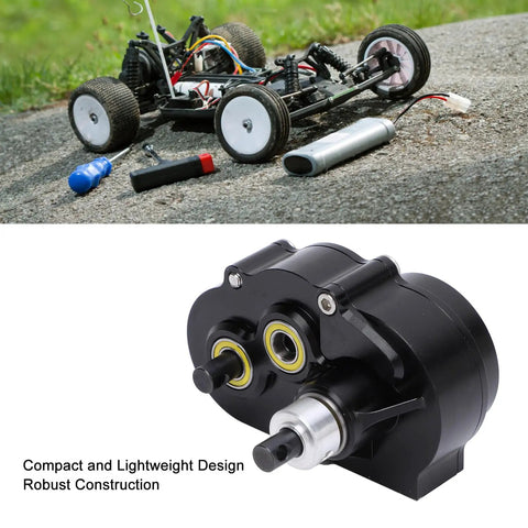 Overdrive Gearbox Lightweight Aluminum Alloy Off Road Power Transfer for climbing and crossing, front view with RC car.