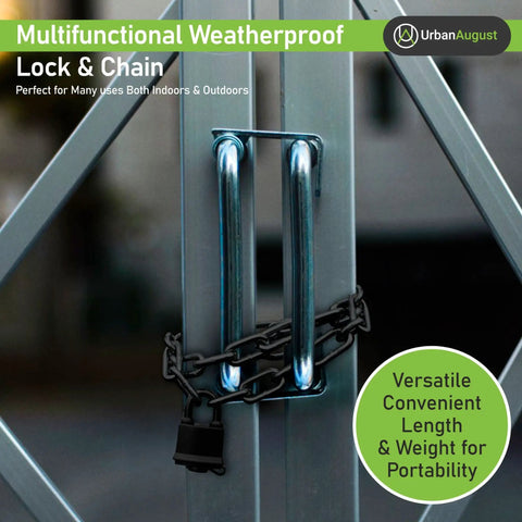 Hardened 8mm Security Chain With Weather Resistant Pad Lock on gate handle, suitable for outdoor use.