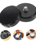 Pro Grade Reusable Metal Tamper Set For Espresso Machines with black aluminum body and screw, shown in multiple uses.