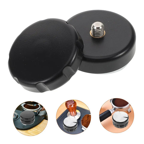 Pro Grade Reusable Metal Tamper Set For Espresso Machines with black aluminum body and screw, shown in multiple uses.