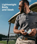 Man holding Dope Golf Rangefinder With Slope And Replaceable Charging 1000 Yard Laser Range 7X Magnification near golf cart