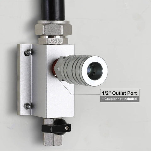 Three Quarter Inch By 100 Feet HDPE Tubing Garage Air Piping System With Aluminum Outlet Blocks 37 Piece Kit, close-up view of outlet port.