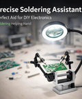 3X LED Magnifying Table Clamp Helping Hand With Flexible Arm, shown in use holding a circuit board for PCB repair.