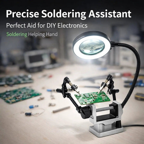 3X LED Magnifying Table Clamp Helping Hand With Flexible Arm, shown in use holding a circuit board for PCB repair.
